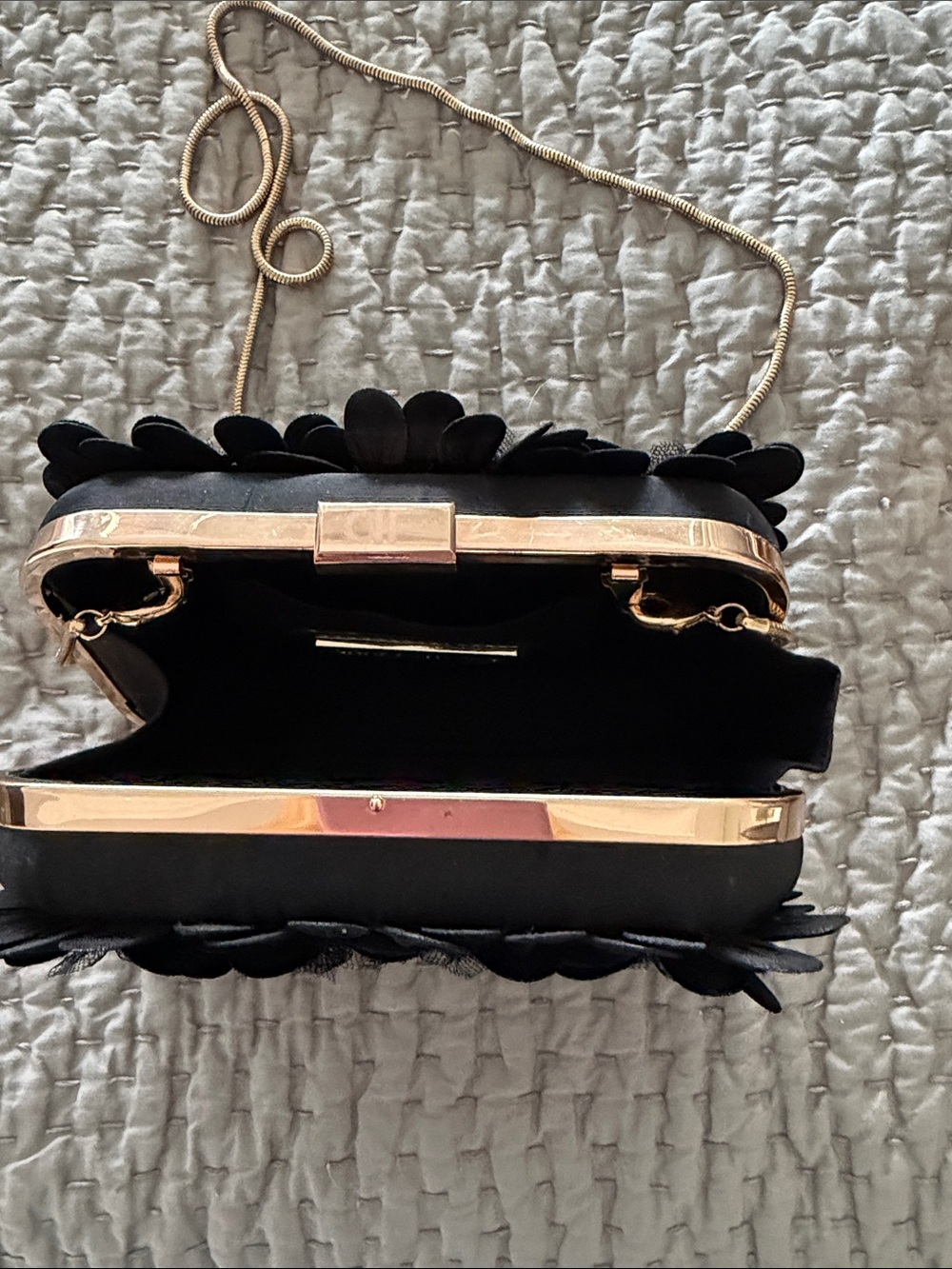 Anne Fontaine Black Floral Petal Clutch with Gold Hardware and Chain